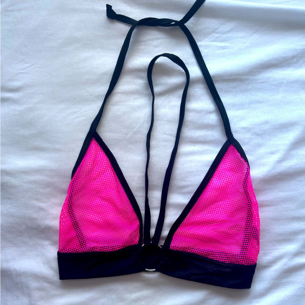 NEW NEVER WORN Rolita Couture Neon Pink Black Mesh Halter Neck Triangle Top